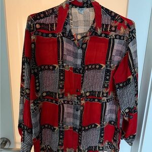 FraNces Paris Silk Button-Up Shirt in Red & Black